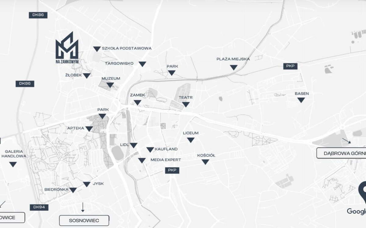 Mapa okolicy osiedla Na Zamkowym w Będzinie: szkoła, żłobek, targowisko, zamek, parki i dojazdy