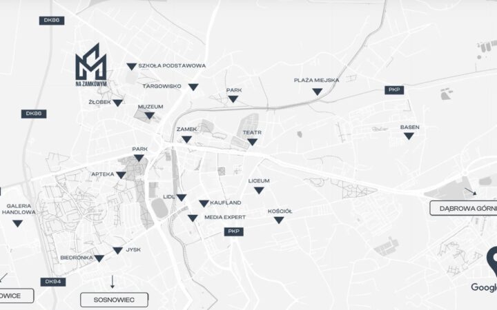 Mapa okolicy osiedla Na Zamkowym w Będzinie: szkoła, żłobek, targowisko, zamek, parki i dojazdy